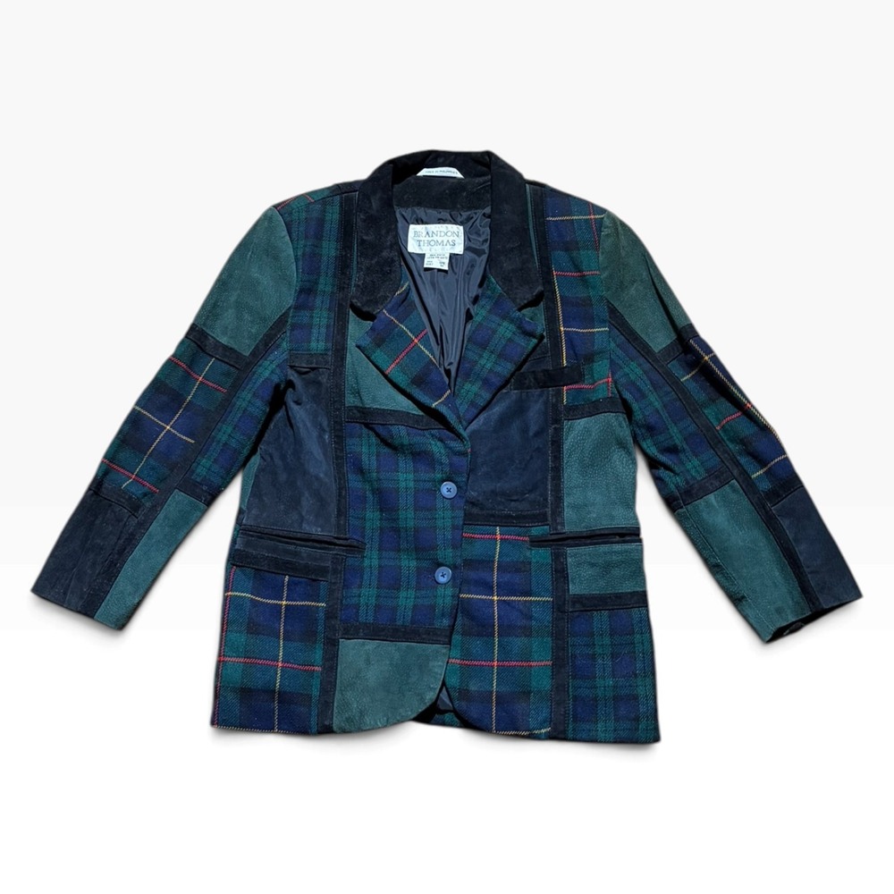 Brandon Thomas Patchwork Suede Leather Plaid Wool Blazer Jacket Green Navy 8P